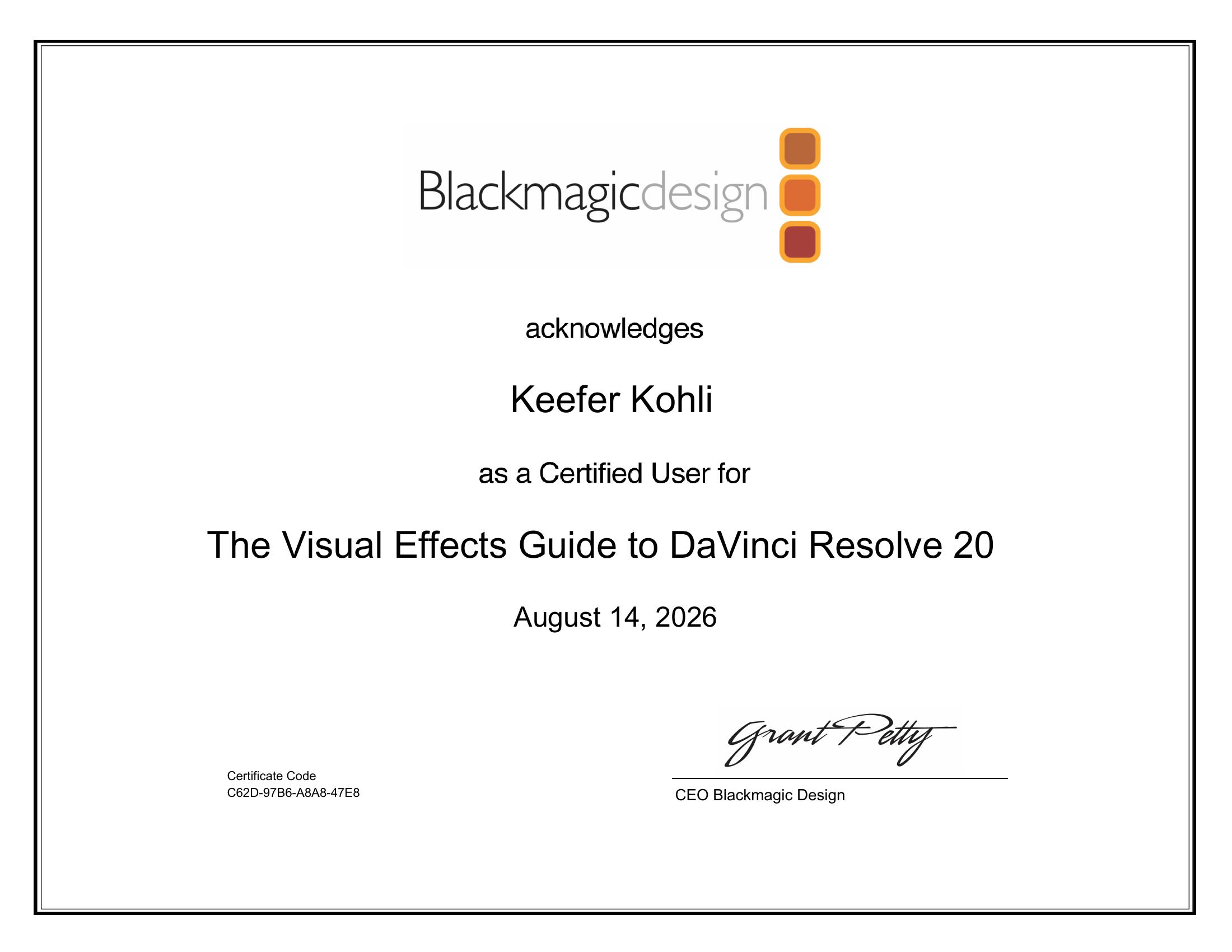 The Visual Effects Guide to DaVinci Resolve 20 certificate awarded to Keefer Kohli by Blackmagic Design
